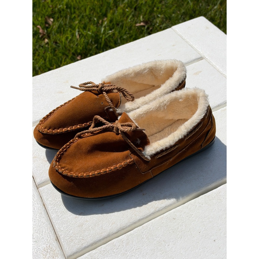 Cocobeau Tan Brown Faux Fur Lined Moccasin Slippers Size 6 EU 38